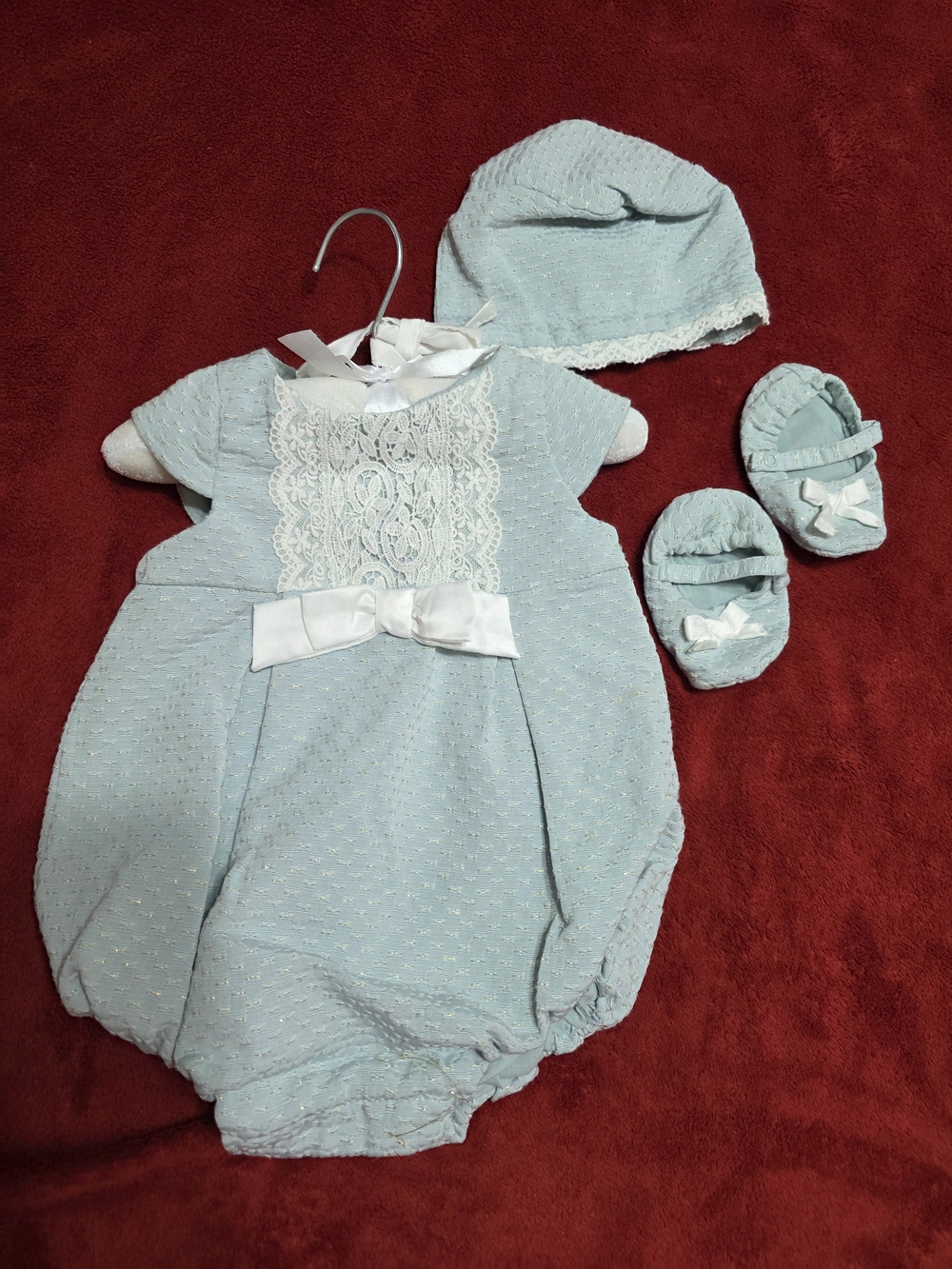 Shabby Chic Light Blue Lace Bubble One-Piece with Matching Hat & Booties